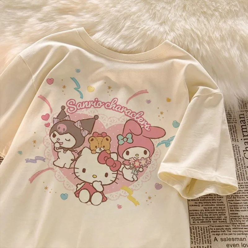 

2025 Новая милая летняя футболка с 3D принтом Hello Kitty, новая быстросохнущая футболка с короткими рукавами, женская свободная повседневная модная милая мода для девочек