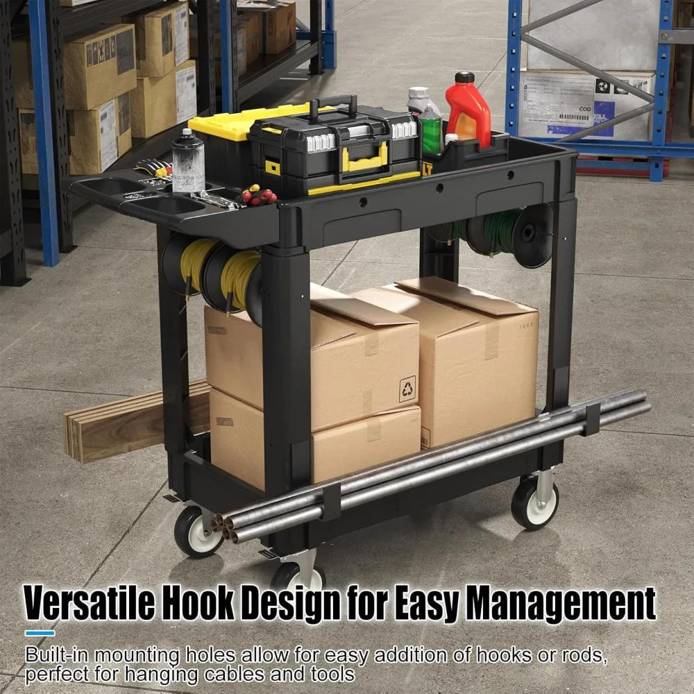 عربة أدوات بلاستيكية متدحرجة من طبقتين مع أرفف عميقة ومقبض تخزين مريح لتنظيم الأدوات وعقارب العمل