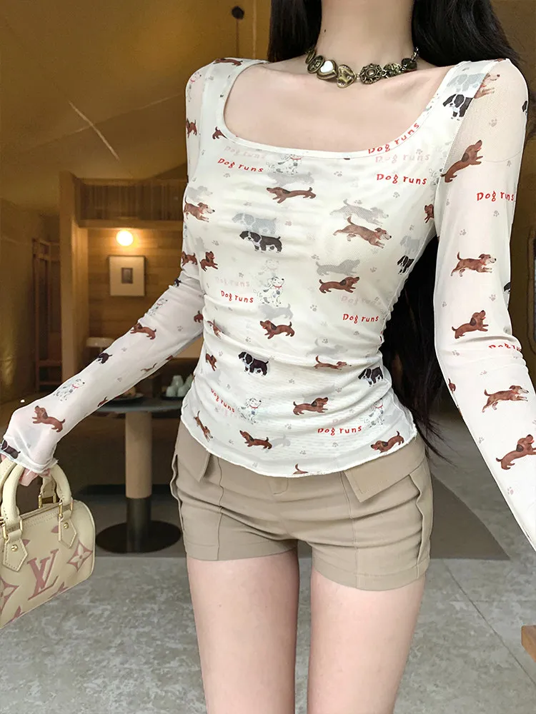 Puppy Printting Long-sleeved T-shirt Women's Design Sense Thin Micro-transparent Blouse U-neck Top Female Pullover Tees Clothing