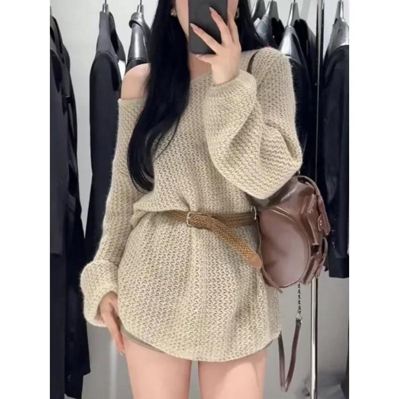 

Hollow Medium and Long Knitted Sweater 2025 Autumn New Loose Casual Lazy Sweater with Belt