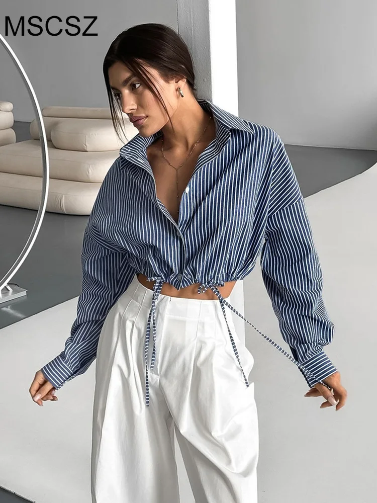 MSCSZ Drawstring Waist Cropped Shirts Woman Striped Long Sleeve Casual Shirt Y2K Streetwear Button Up Crop Top Blouse