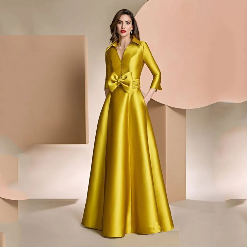 

Elegant Gold Satin Mother of the Bride Dress For WeddingV Neck Floor Length A Line 3/4 Sleeves Wedding Guest Gown With Bow