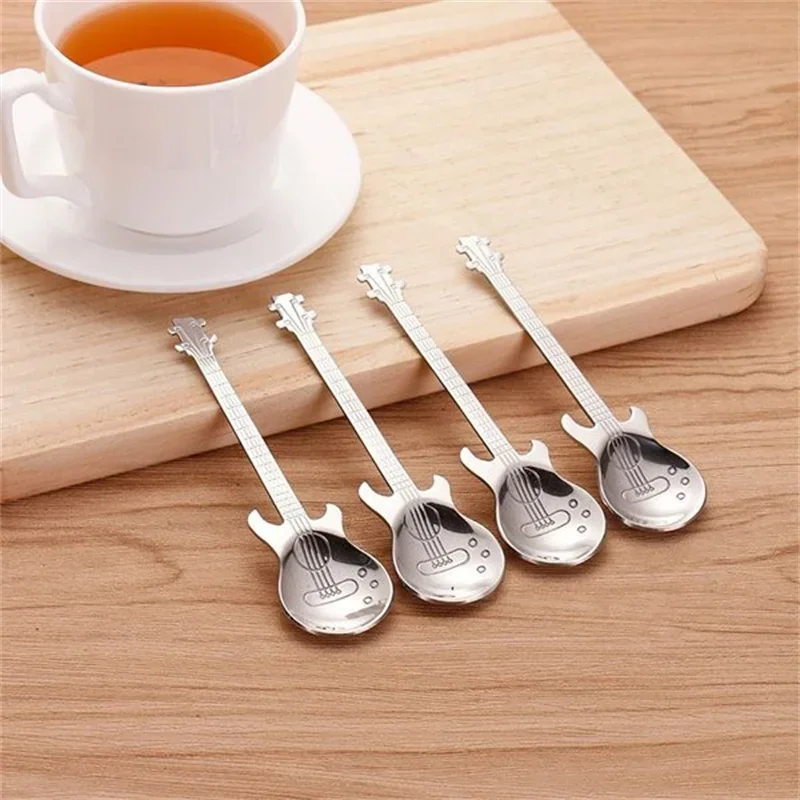 

4 Pc Stainless Steel Coffee Spoons Guitar Silver Teaspoons Mini Retro Dessert Cake Wedding Café Spoon Child Coffee Accessories