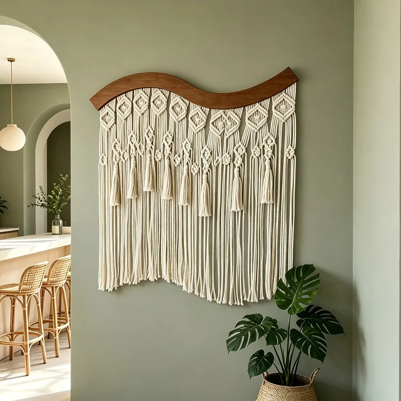 80x68cm Macrame Wall Hanging Tapestry Boho Cotton Woven Tassel Wooden Arch Living Room Bedroom Background Wall Decor