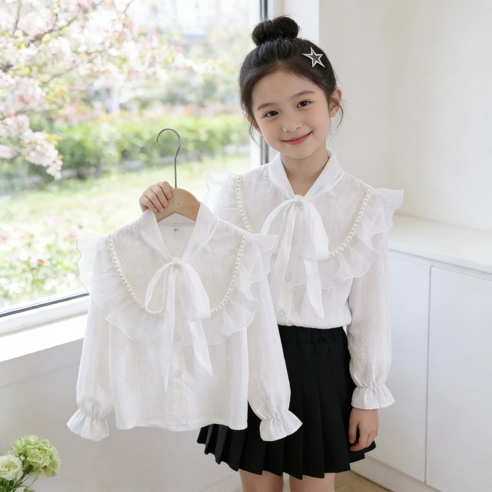 Children's pure cotton shirt with lace white girl's base shirt, top, sun protection clothing, primary and secondary school child