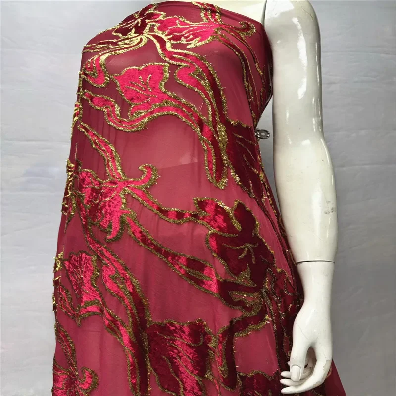 

5 ярдов, нигерийская флокированная бархатная кружевная ткань с блестками, байковая африканская тяжелая бусина и жемчуг для женщин, вечерние платья 12L89102