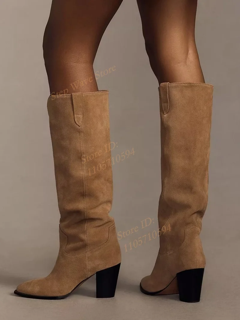 Brown Suede Slip On Knee High Boots Block High Heel Runway 2026 Winter Autumn Women Trending Boots Chunky High Heel Hot Sale