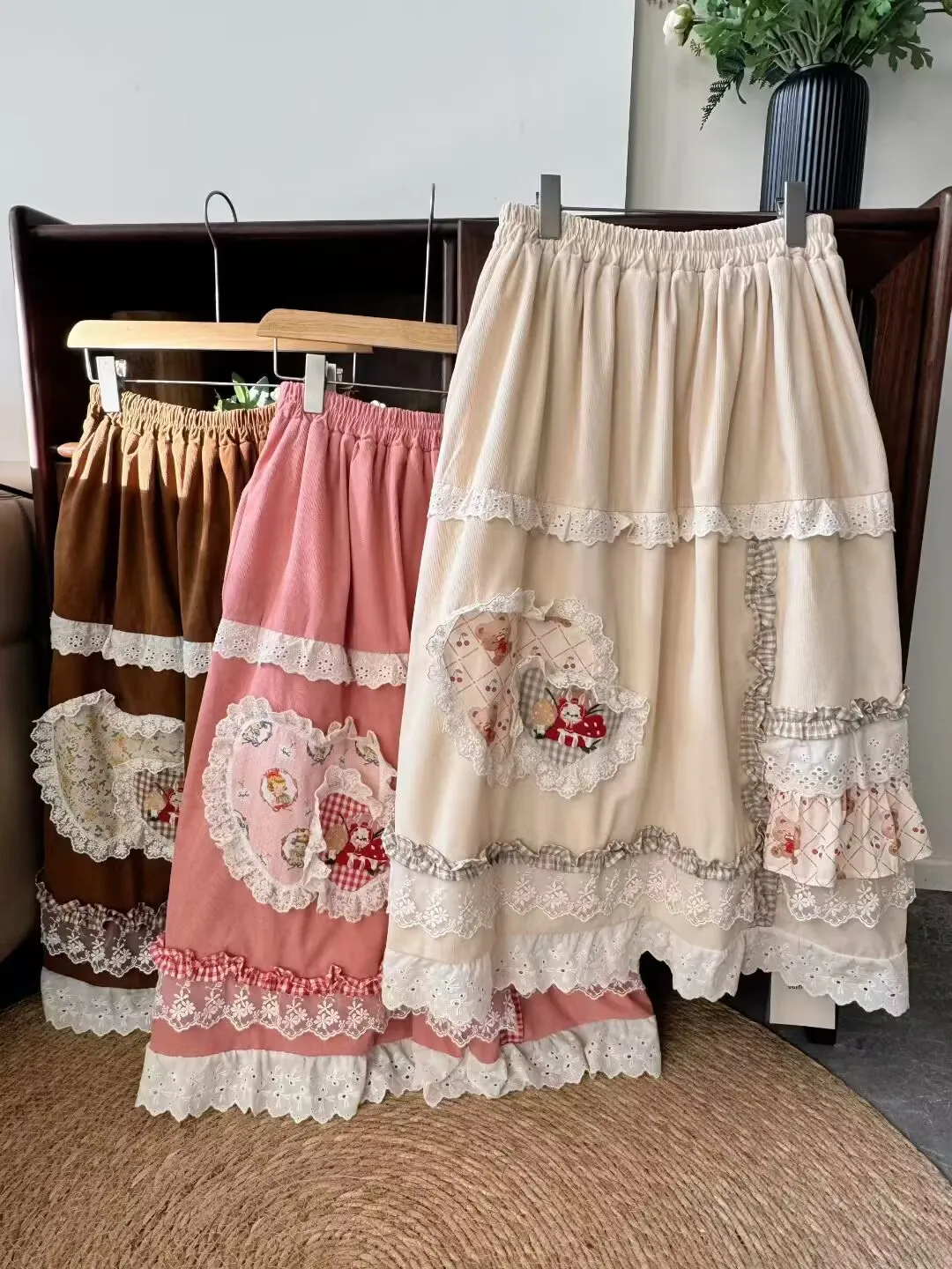 

Винтажная вельветовая лоскутная кружевная длинная юбка с вышивкой для женщин, зимняя юбка в стиле Лолиты Sweet Mori Girl в стиле ретро