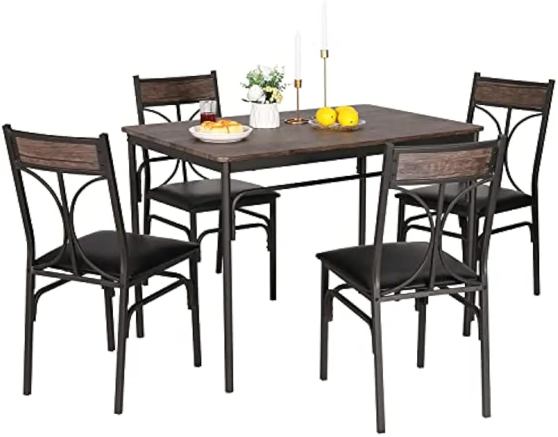 

5 Piece Kitchen Room Chairs Set for Home, Dinette, Breakfast Nook, Farmhouse, Small Space, Dining Table for 4, Dark Brown