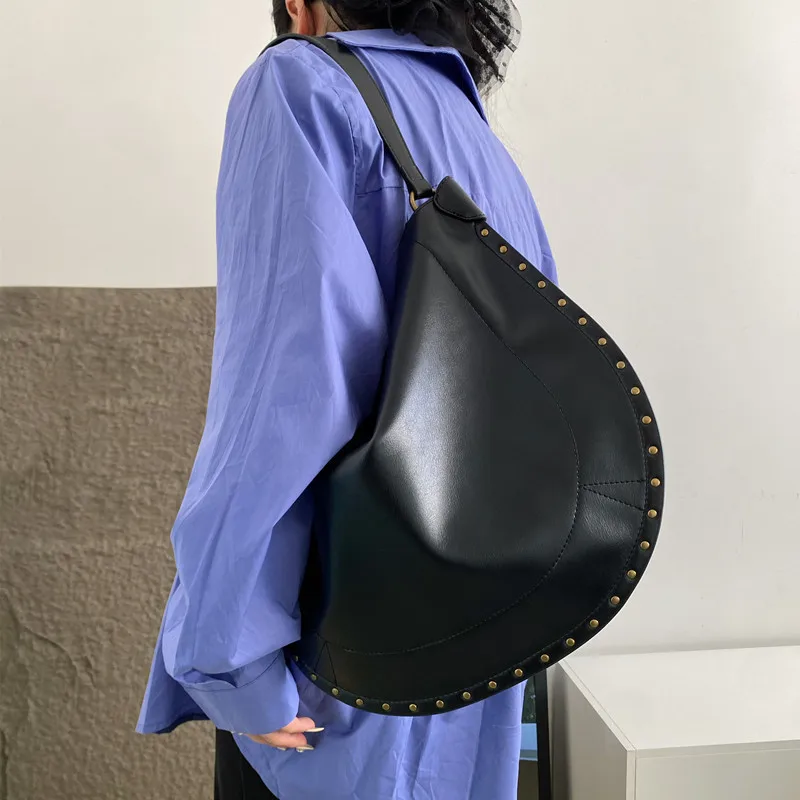 

FIRMRANCH Vintage Matte Suede Rivet Design Saddle Bag Underarm Purse Large Capacity Women's Shoulder Bag Autumn Tote