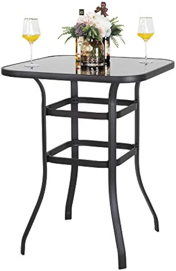 

Garden Patio Bar Table 32 Inch Outdoor Bar Height Bistro Table with Tempered Glass Table Top and Powder-Coated Iron Frame