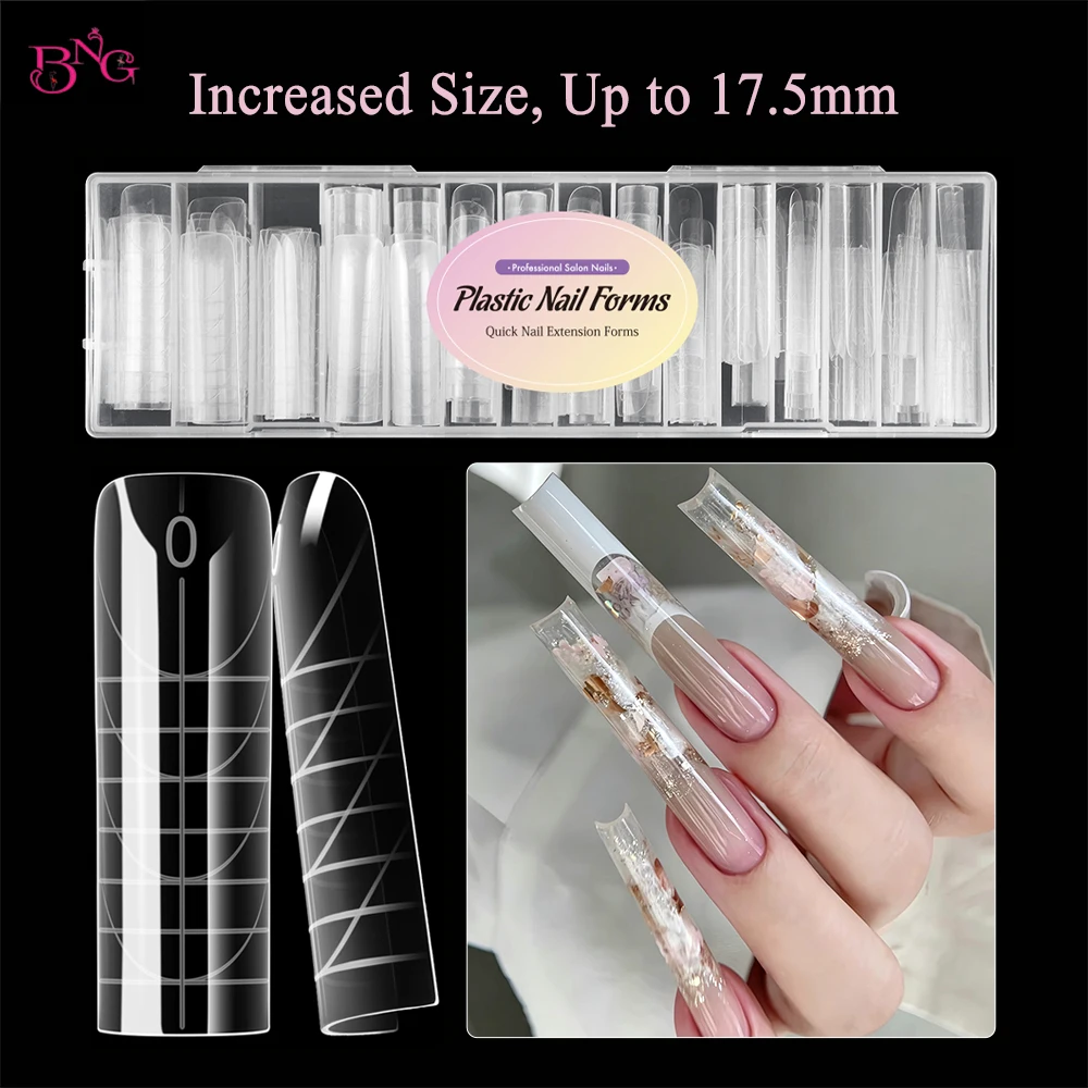 BNG 150Pcs Long Square/Oval Nail Dual Forms 15 Sizes Clear Reusable Extension Molds with Guide Lines for Builder Gel Manicure