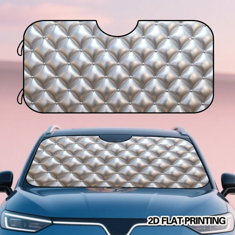 2D Flat Print, Silver Quilted Rhombus Front Windshield Car Sunshade, Compact Foldable Design, Suitable for Daily City Driving
