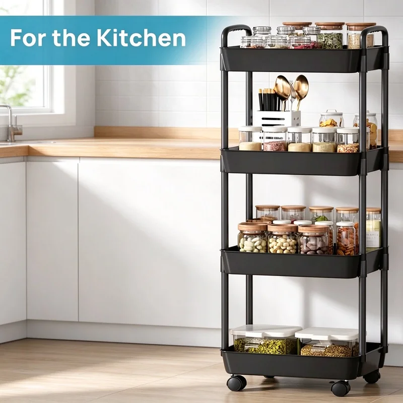 Plastic Rolling Storage Cart With Wheels and Handle Movable Utility Organizer Trolley for Kitchen Office Living Room