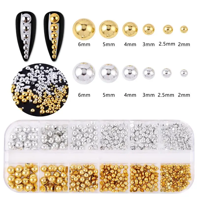 12Grids Mixed Semi-circular Pearl Gold And Silver Nail Charms Nail Decor Manicure Nail Salon Accessories