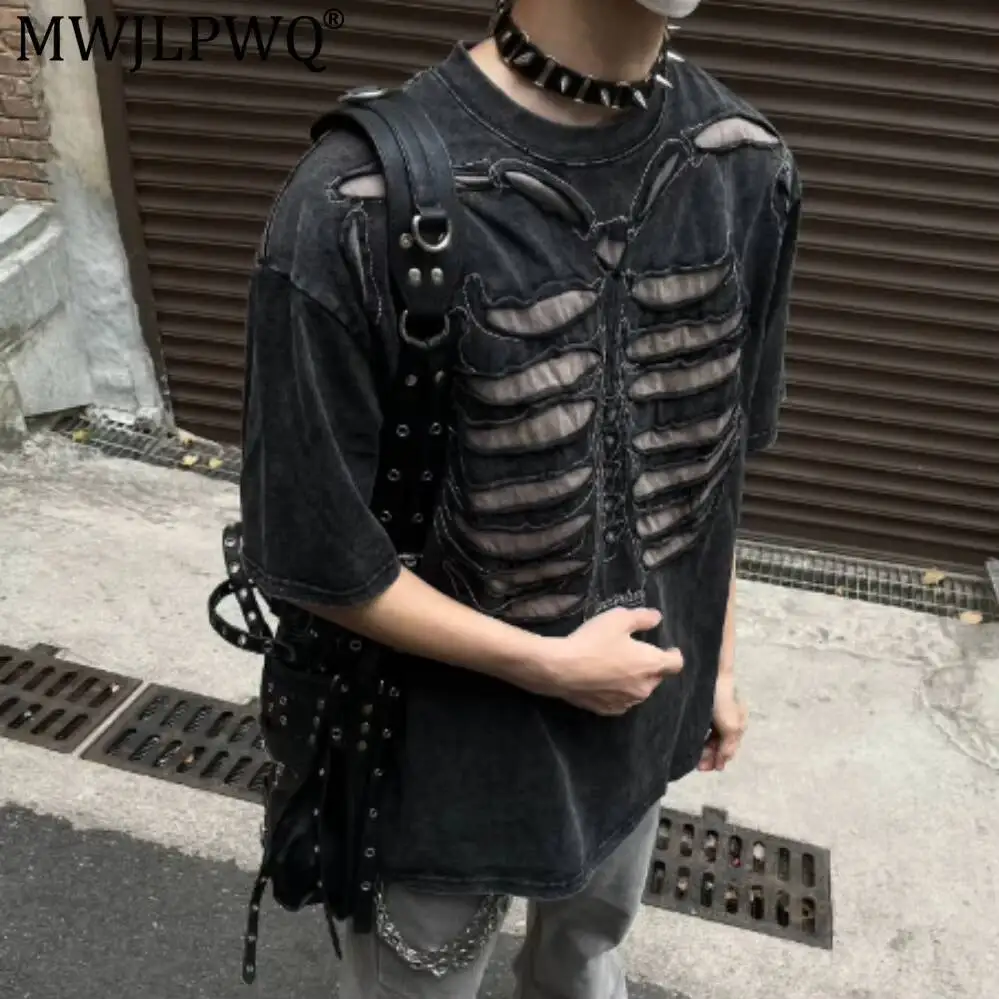 MWJLPWQ Niche Hollow Skeleton Short-Sleeved T-Shirt Men's High Street Ragged 2026 Summer New Vintage Washed Tee Tops 17446