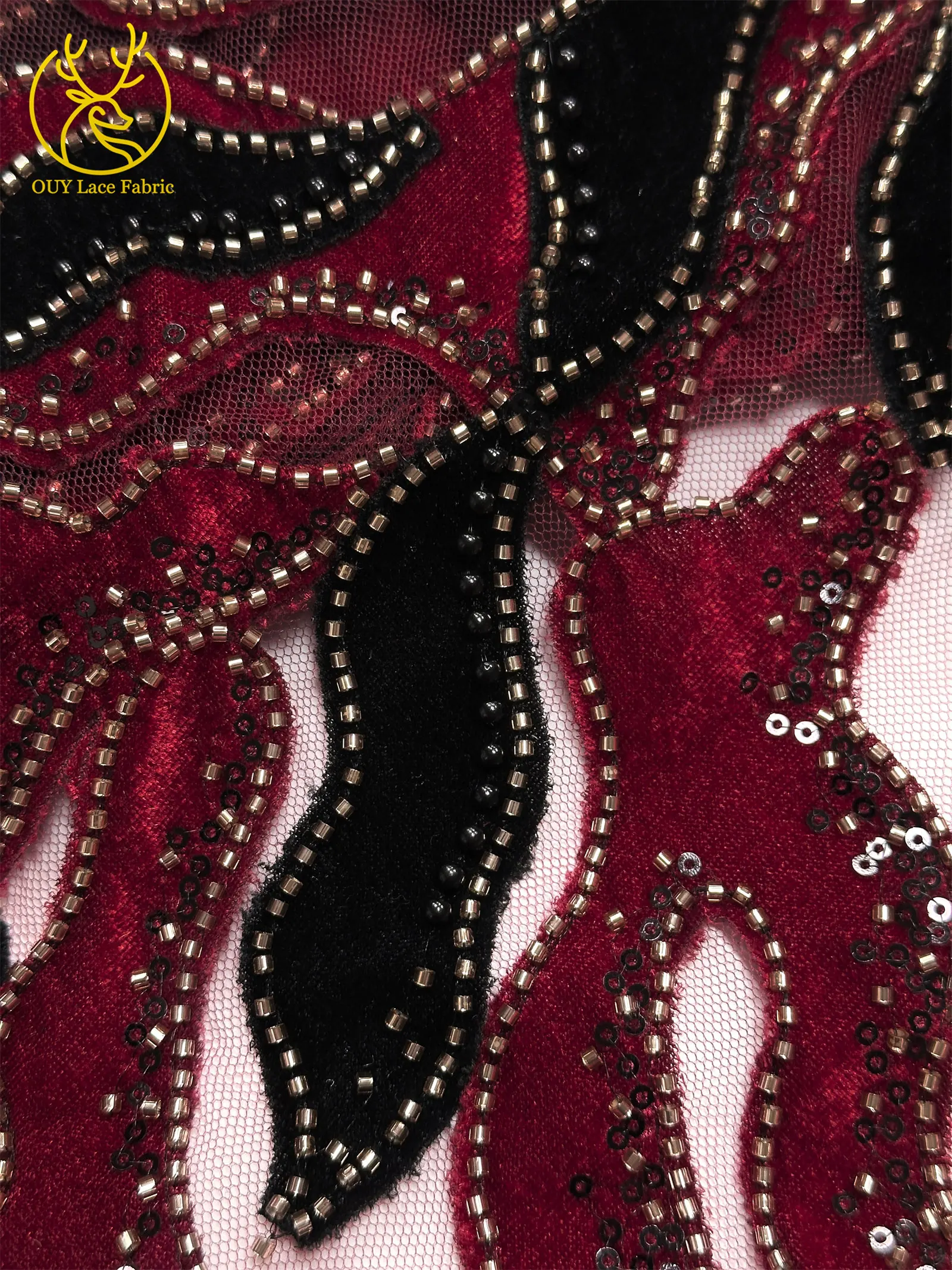 Roter Samtstoff mit Perlen und Pailletten, Spitzenstoff 2026, eleganter bestickter Tüllstoff für Bräutigam, französisches Hochzeitskleid, Abendkleid, zum Nähen, 5 Yards – Detail 18