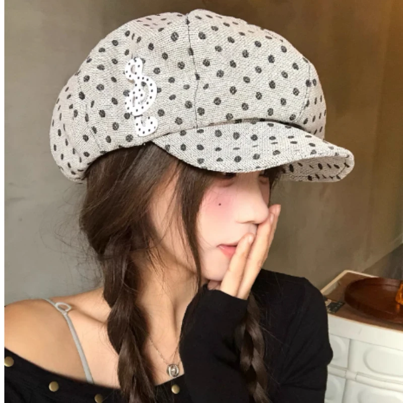 Korean Sweet Polka Dot Jacquard Beret Women's Spring and Autumn Literature Art Large Edition Versatile Octagonal Newsboy Caps