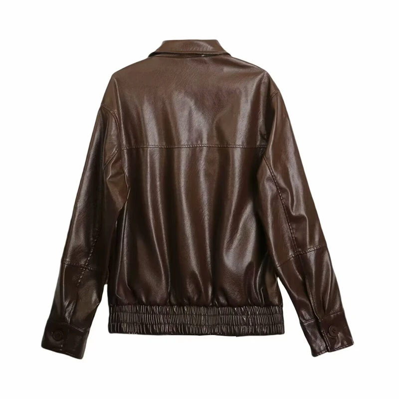 Keyanketian outono nova lapela feminina manga comprida zíper frontal jaqueta piloto de couro falso jaqueta à prova de vento