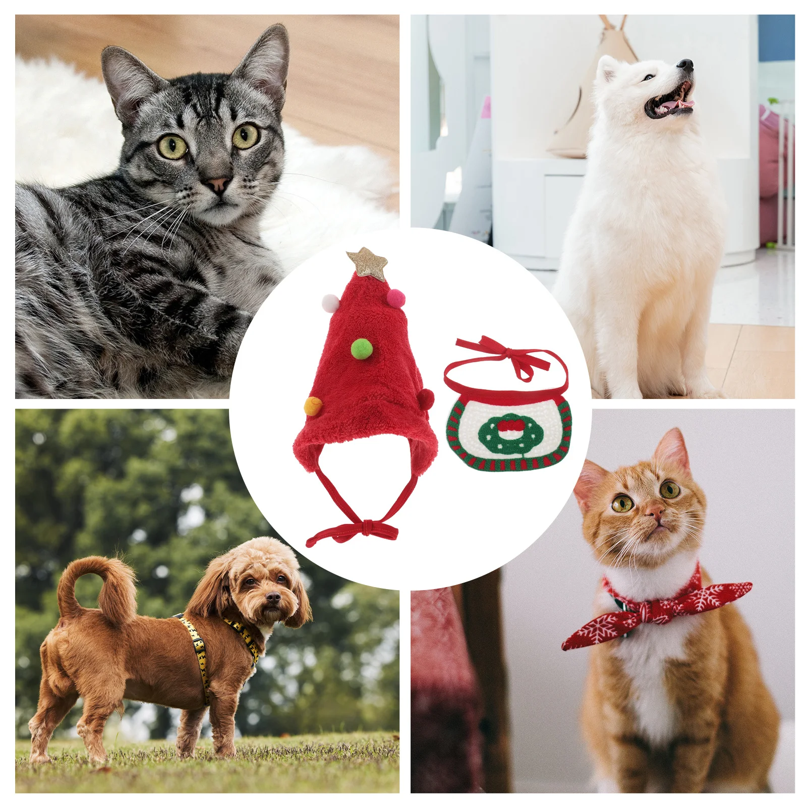 

1Set Pet Christmas Hat with Bandana for Small Pets 4-7.5kg Dog Cat Holiday Party Dress Up Prop Knitted Warm Beanie Xmas Costume