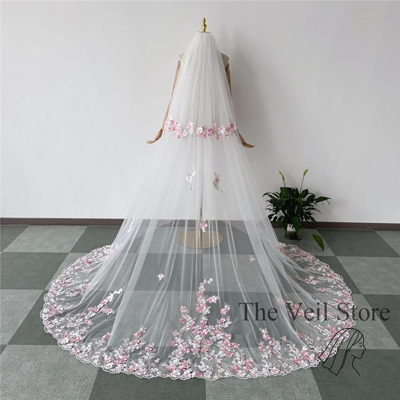 2T Two Layers Pink Wedding Bridal Veils With Comb Blusher Cathedral Long White Ivory Tulle For Brides Floral 3 D Flowers Custom