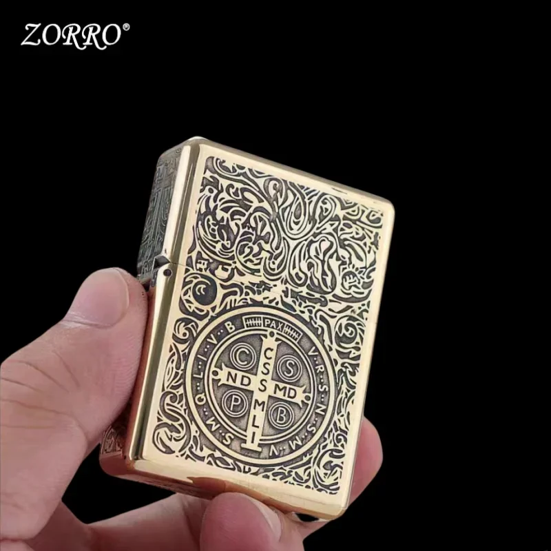 ZORRO 912  Heavy Duty Armor Brass/Titanium Windproof Oil Lighter; 3/5 Hinged Metal Oil Lighter Men's Gift 150G
