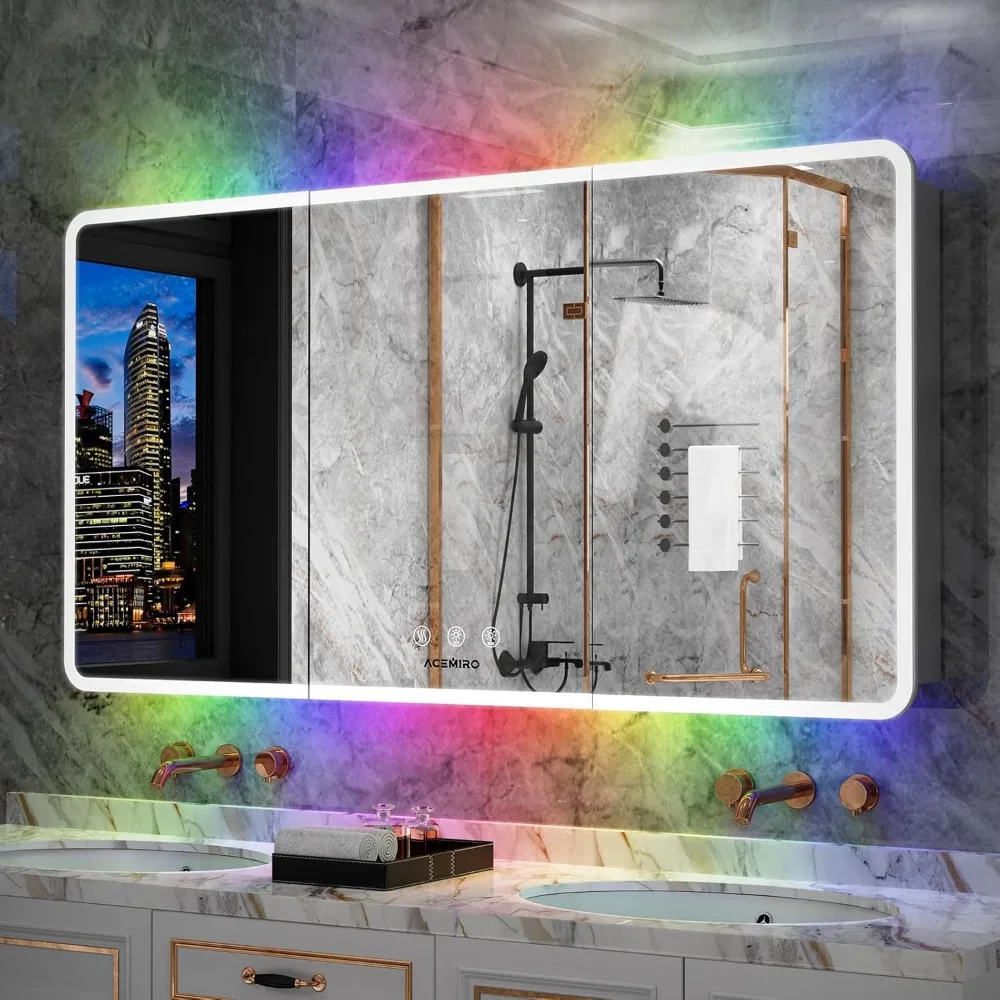 60×32 Inch Medicine Cabinet With Lights Bathroom Furniture Three Door LED Bathroom Medicine Cabinet With RGB Backlit+Front Light