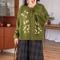 Retro Fashion Cardigan Temperament Versatile Green Embroidered Sweater Cardigan Autumn Winter Sticky Lazy Forest Knitted Jacket