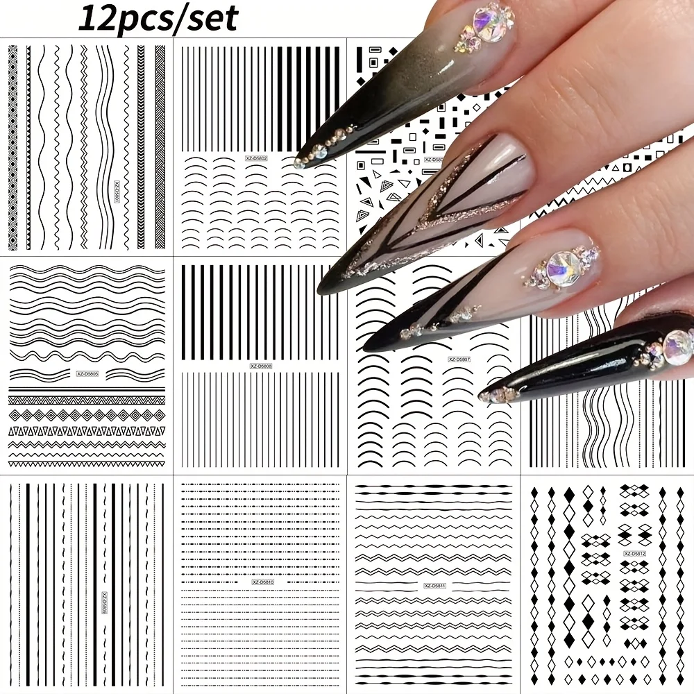 สติกเกอร์สีดำและสีขาวแบบมันเงาแบบติดเอง 12 ชิ้น - ลายเส้น 3 มิติและลวดลายเรขาคณิต สติกเกอร์ติดเล็บ DIY ที่ใช้งานง่าย