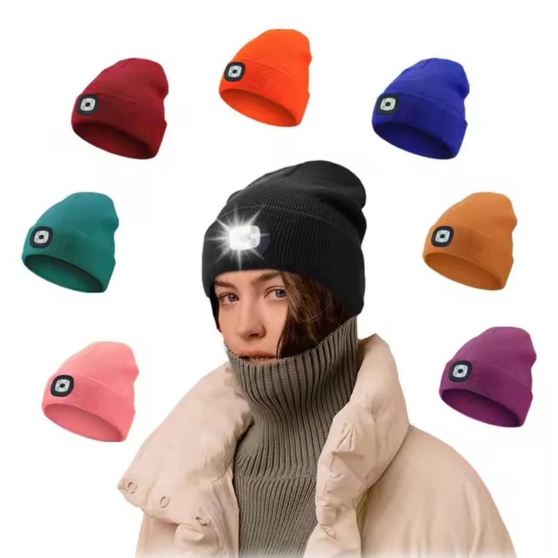 

Rechargeable LED Skull Cap Beanie Night Safety Knitted Hat Rechargeable 4*LED Headlight Warm Winter Hats for Camping & Hiking