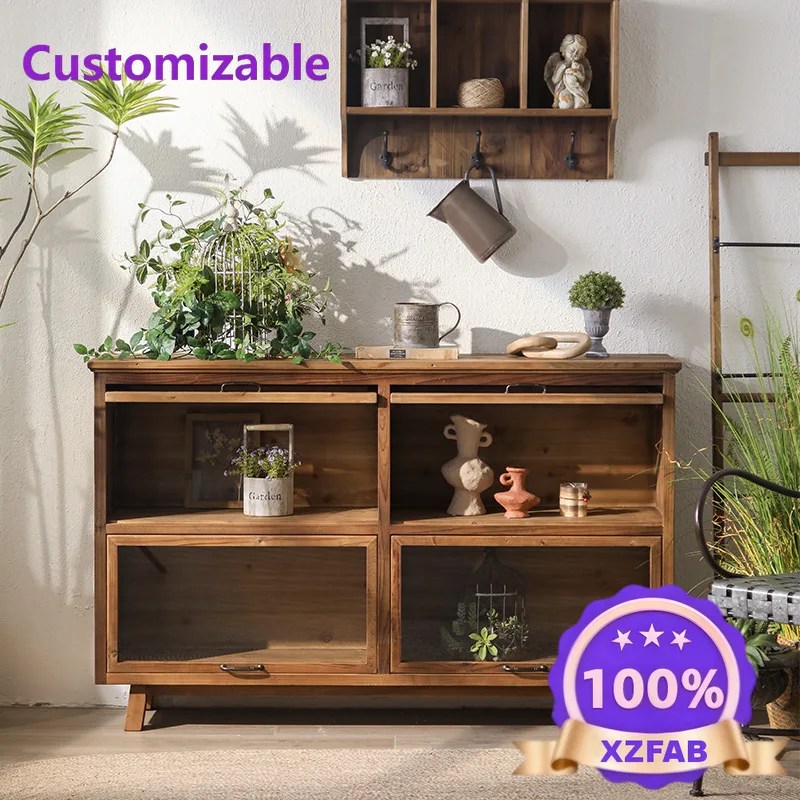 Factory Direct 2026 retro bucket cabinet glass solid wood cabine, multi-layer storage teacabinet, small apartment corner old
