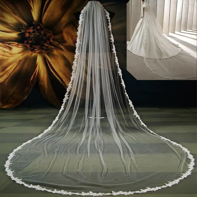 Aplique de borde de encaje para novia, velo de novia de boda, catedral con peine, blanco marfil, 1 nivel, 300CM, nuevo