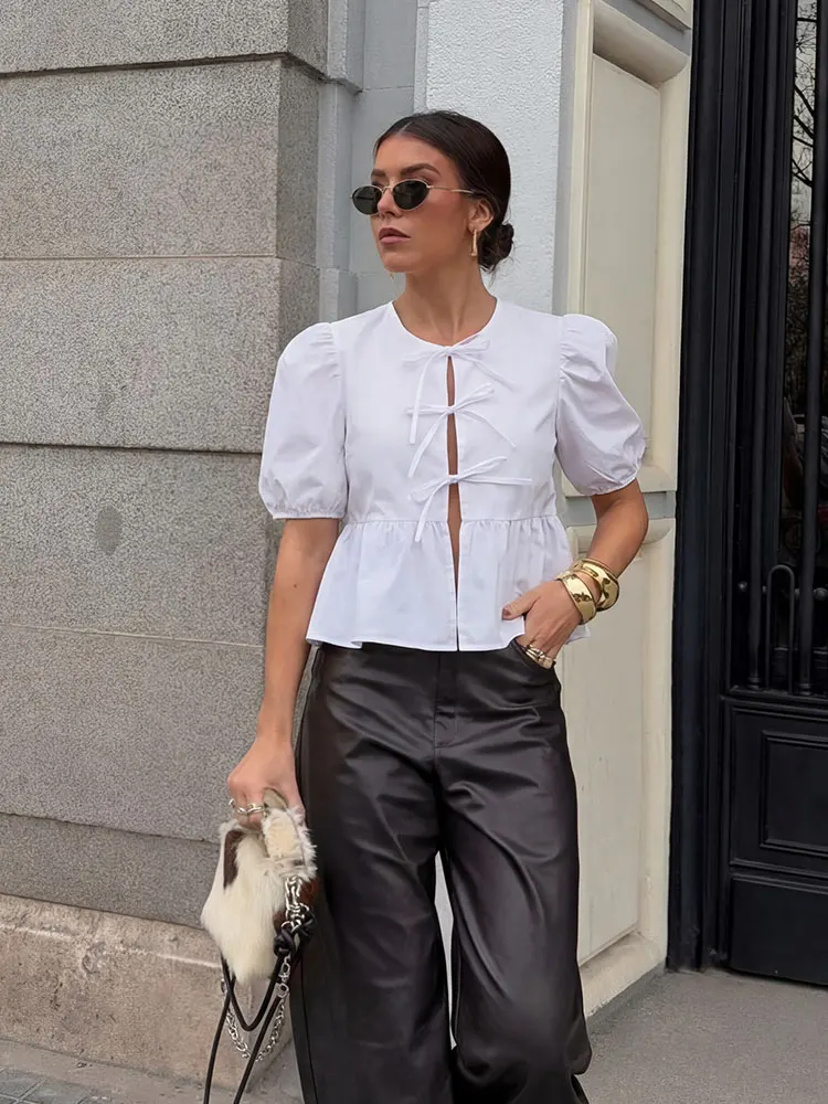 

HH Sweet Tie Front Puff Sleeve Peplum Blouse Ruffle Hem Top for Women Leopard Print Summer Casual Street Style Fashion