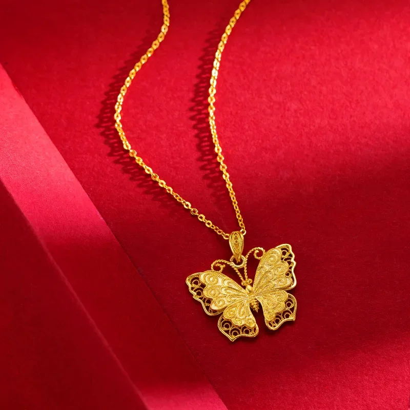 Colgante de mariposa de seda de oro amarillo de 24K para mujer, collar de mariposa dorada antigua, cadena de clavícula de alta gama, oro real 9999