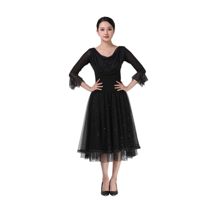 

Women Samba Latin Dance Practice Suit Summer New Net Yarn Printed Modern Dance Performance Costume Square Modern Evening Dresses