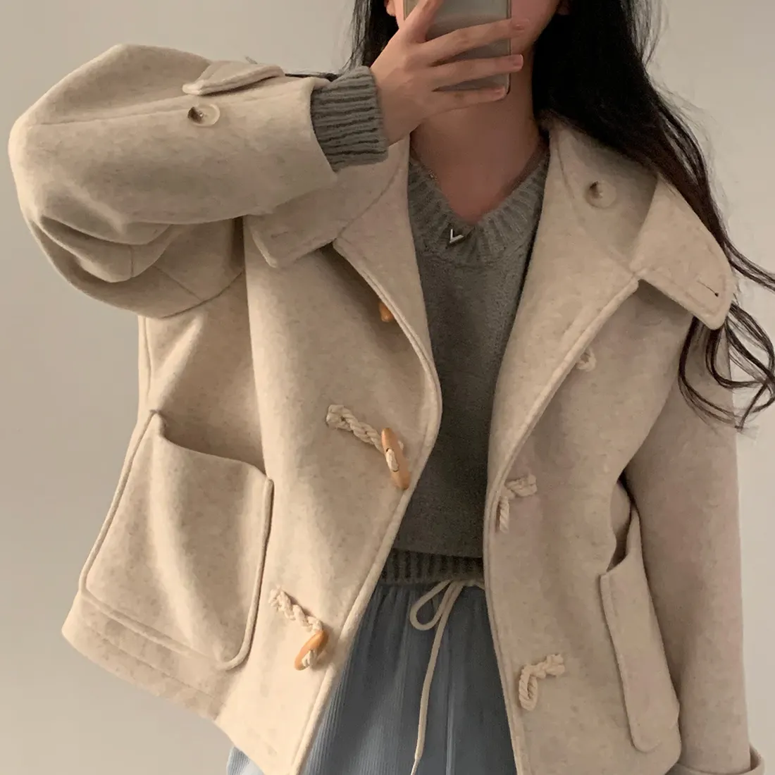 Korean Style Short Woolen Coat Women's Loose Large Collar Short Length Age-Defying Button-Up Cotton Blend Winter Outerwear