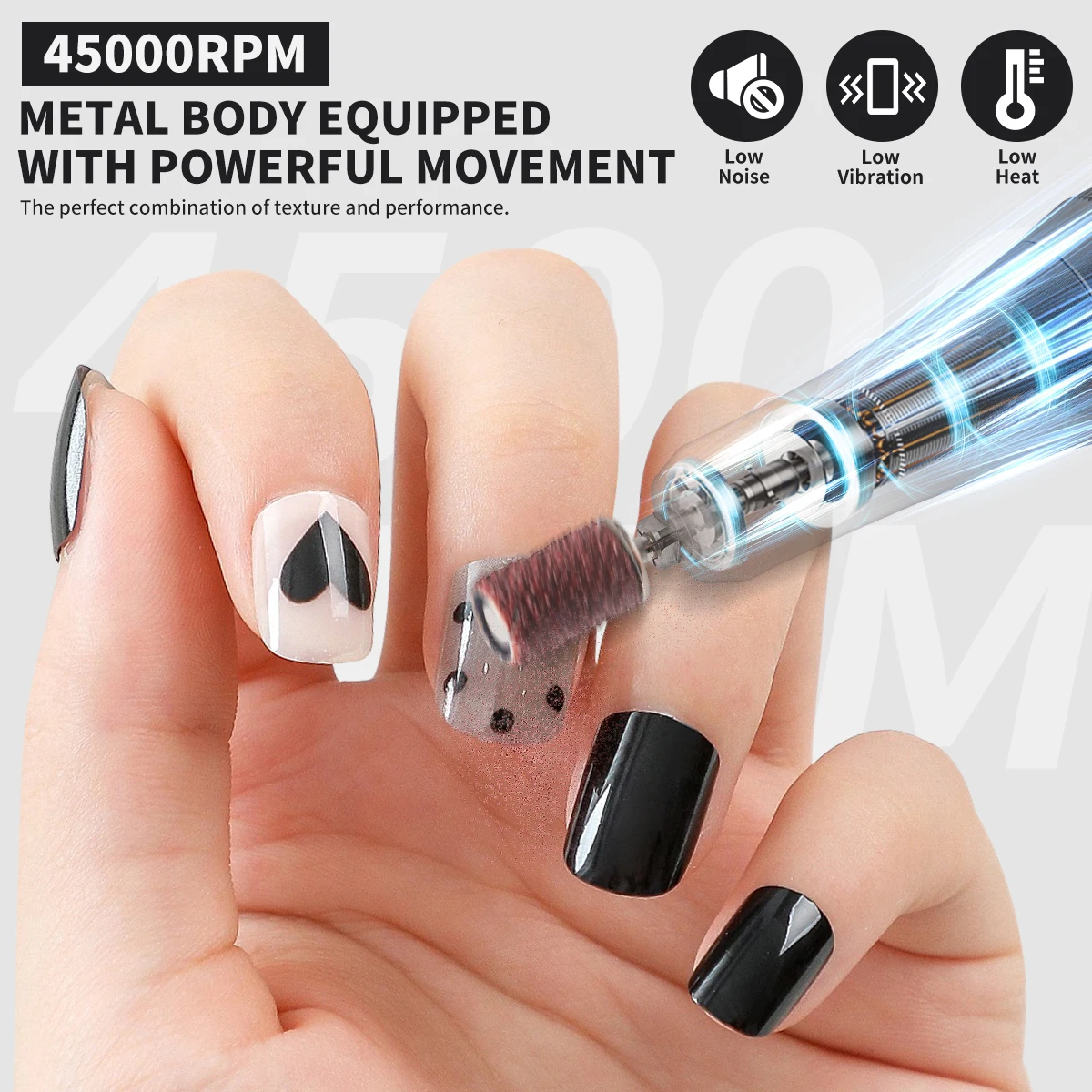 45000RPM Electric Nail Drilling Machine Low Noise Rechargeable Nail Gel Polishing Machine Suitable for Nail Art Salon Tools