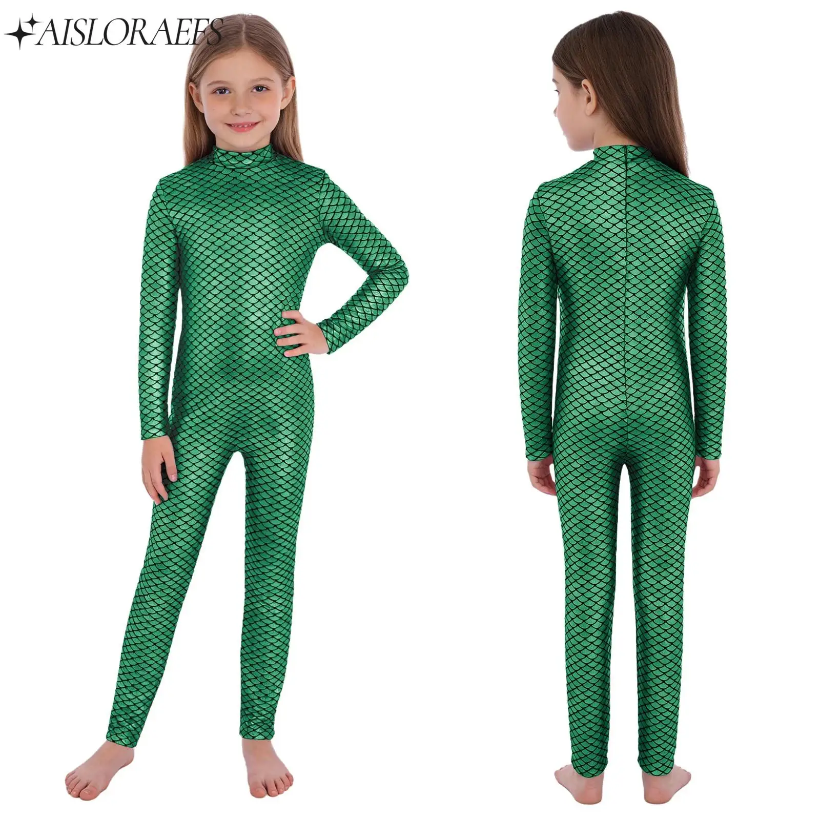 

Children's Gymnastics Jumpsuit Girls Acrobatics Figure Skating Ballet Dancewear Metallic Fish Scales Long Sleeve Full Bodysuit