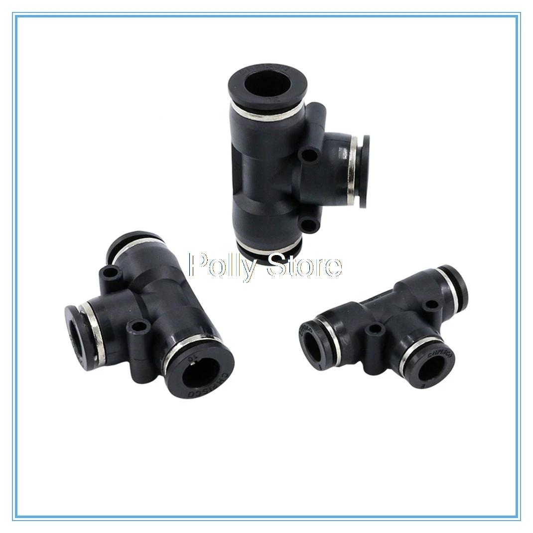 1PC Black 3 Way T shaped Tee Pneumatic PE-4 6 8 10 12 14 16mm OD Hose Tube Quick Fittings Connector Adapters