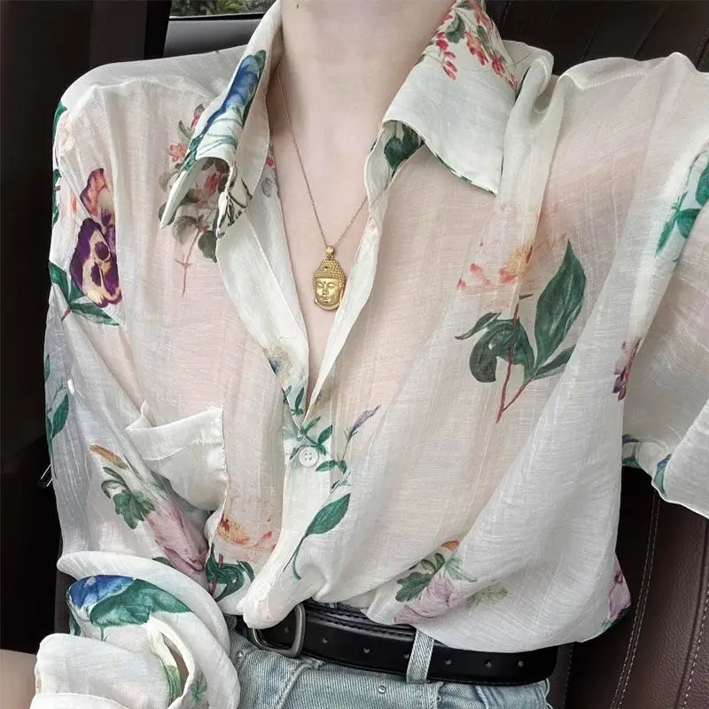 Spring Summer Autumn Woman Clothes French Style Elegant Printing Long Sleeve Sunscreen Shirt Temperament Fashionable Casual Wild