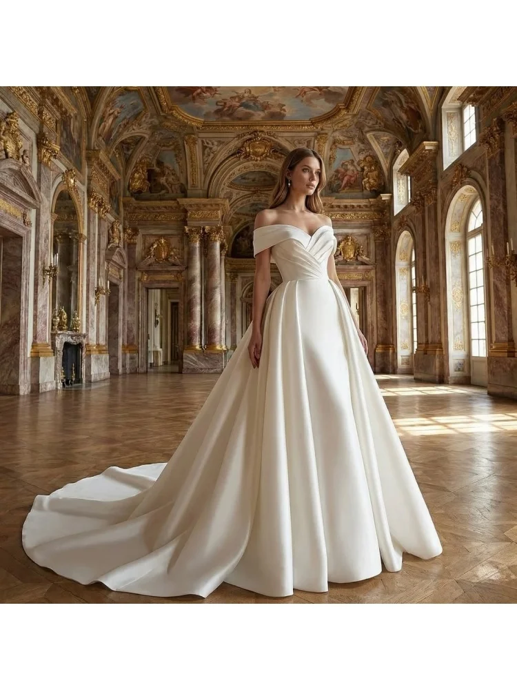Custom White Off Shoulder Satin Ball Gown Wedding Dress Ruched Bodice Court Train Simple Elegant Bridal Gown Vestido De Novia
