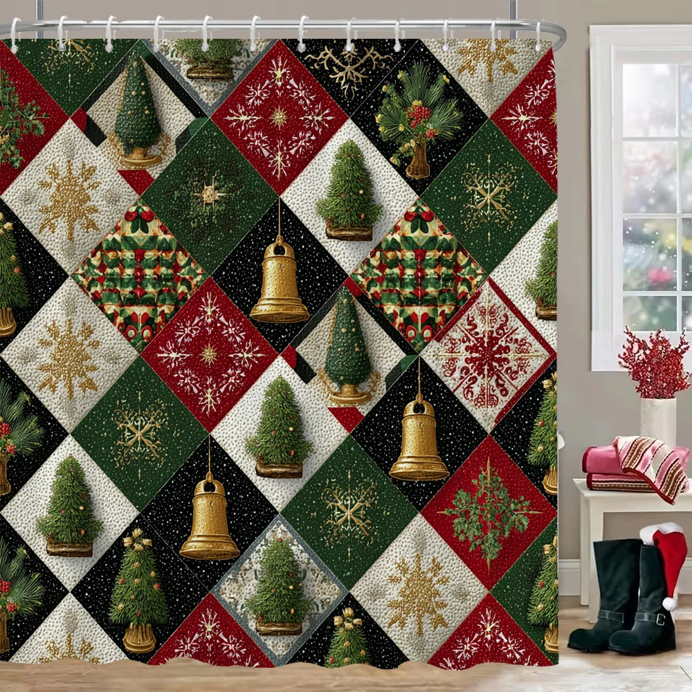 

Merry Christmas Shower Curtains with hooks Christmas tree,Christmas bell snowflake Bathroom Curtain,Christmas home Decor Curtain