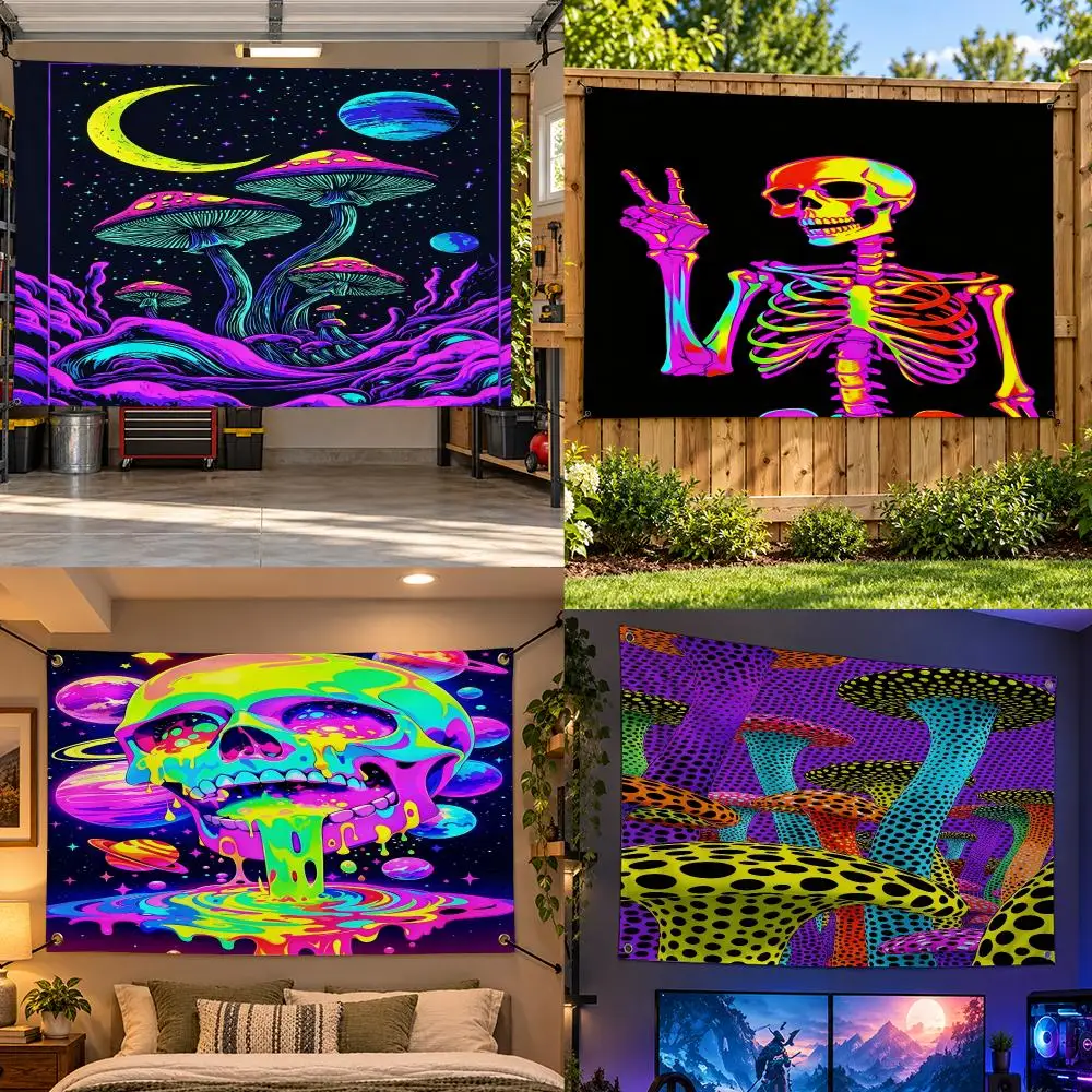 Art B-Blacklight Trippy Flags Wide Fabric Decor for Bedroom Dorm Gaming Garage Camping Porch Bar Fan Gift