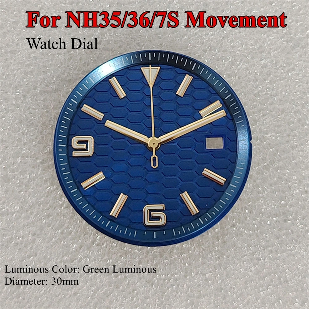 30mm Watch Face for NH35/36/7S Movement Golden Studded Sunburst Dial with Green Luminous Hands Watch Accessories