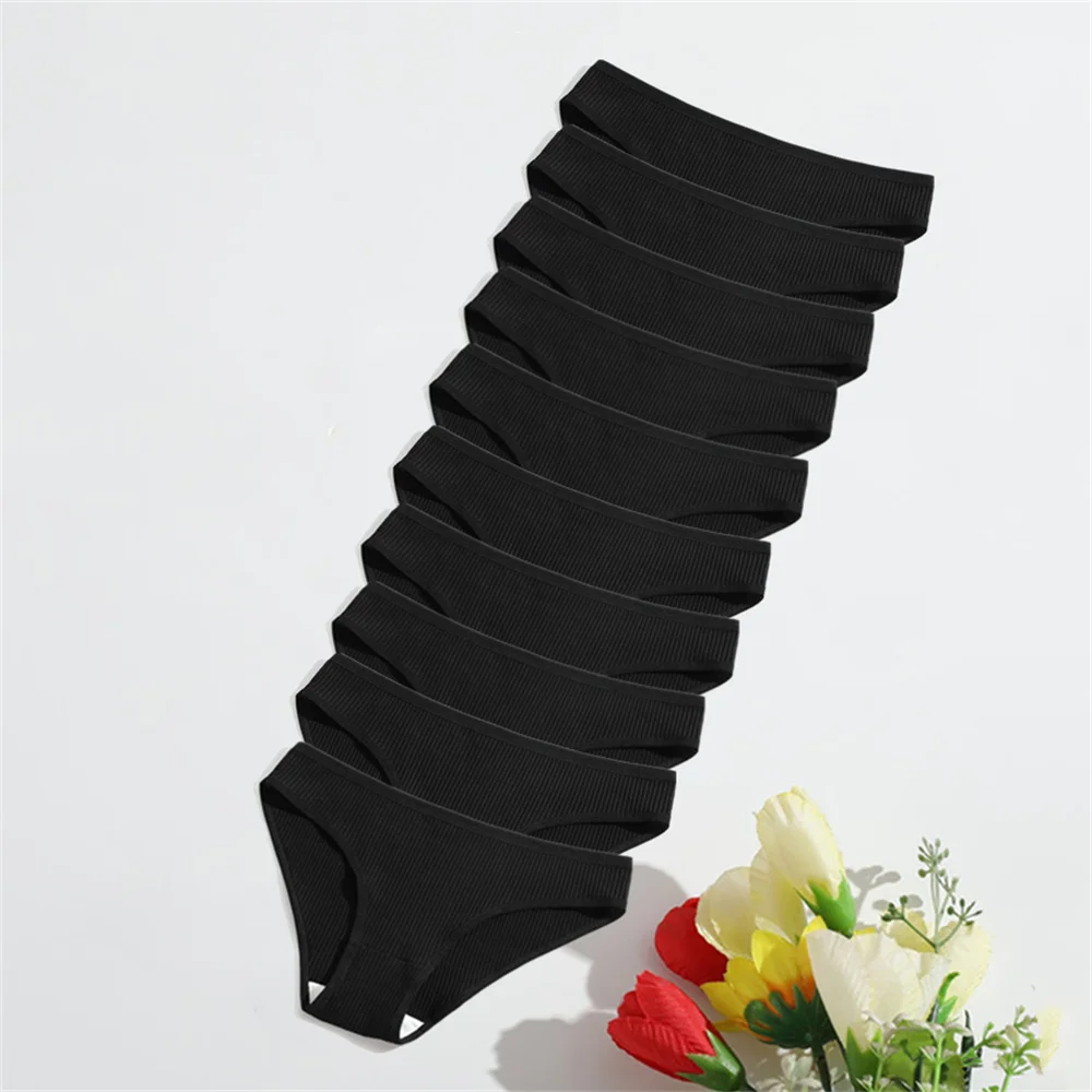 10 ks dámských bílých/černých bavlněných kalhotek se závitem, nízkého pasu, zvednutých boků, sportovních dámských jednobarevných kalhotek, prodyšných - náhled 2