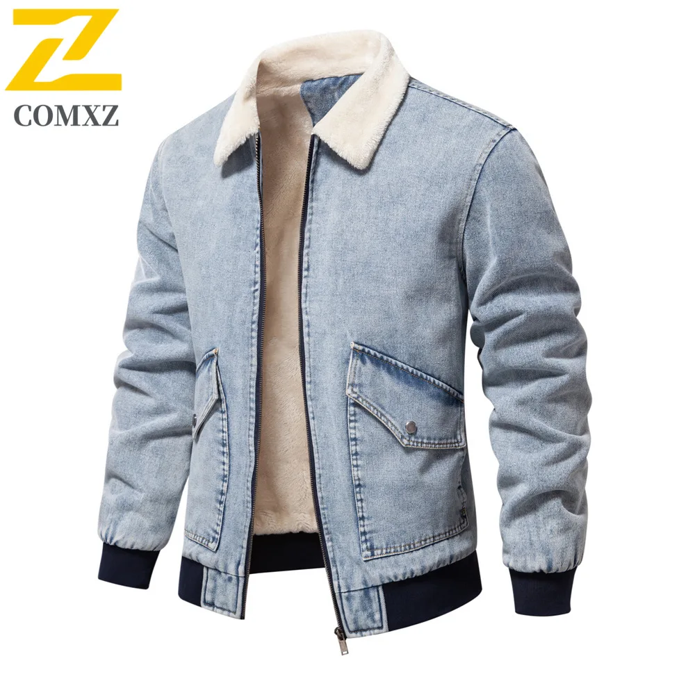 

COMXZ Men Winter Denim Jacket 2025 Retro Style Trip Warm Snow Adventure Classic Fleece Jacket Street High Quality Windproof Coat
