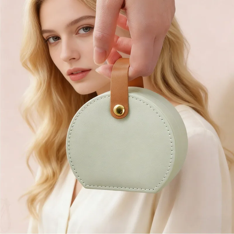 

2/3pcs Portable Semi-Circular Jewelry Storage Box PU Leather Handbag Cosmetic Bag Pure Color Design for Necklace Earring Rings