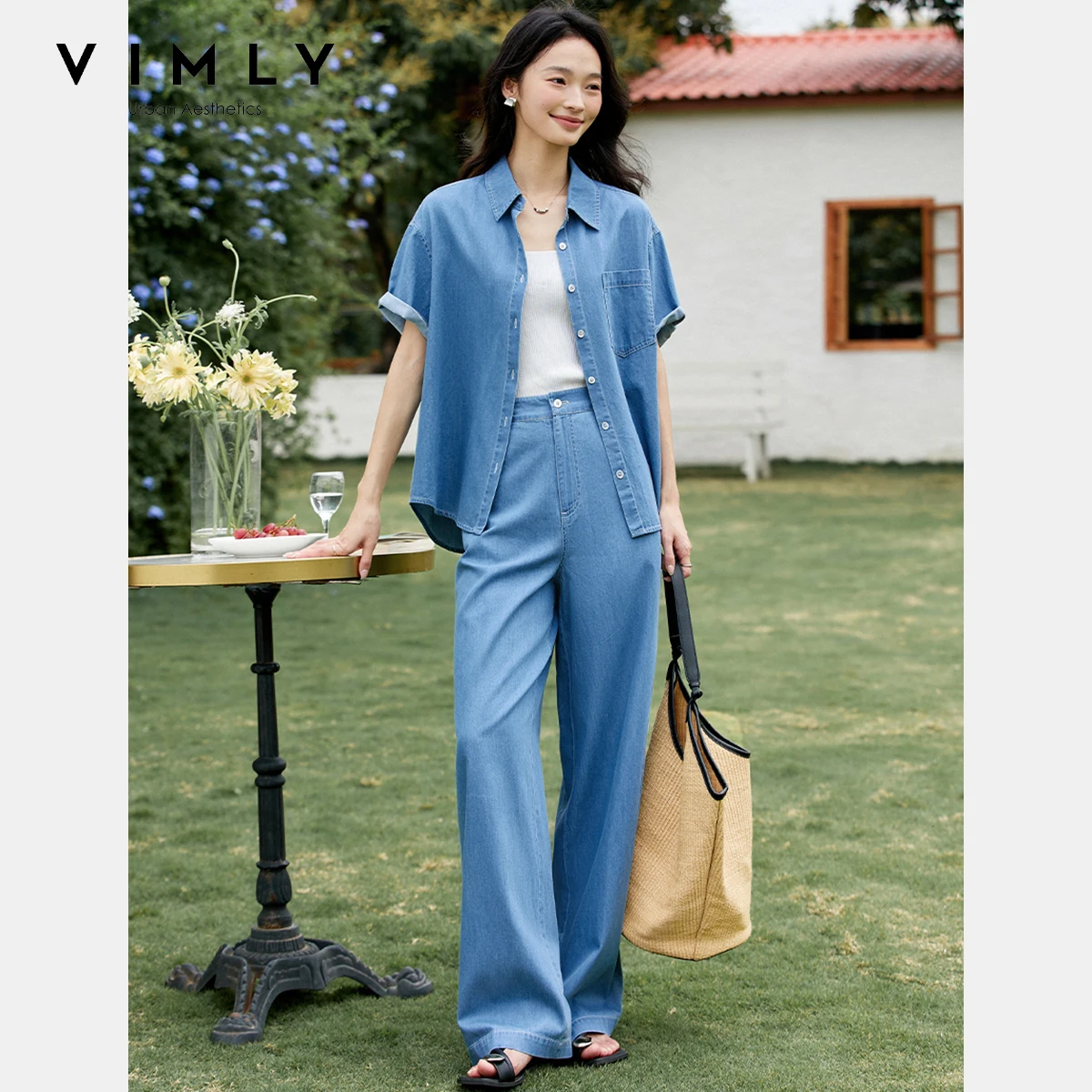 

VIMLY Women Summer Denim Pant Sets 2025 Short Sleeve Washed Cotton Denim Shirt Wide Leg Pants Casual Outfits Woman Clothes A1735