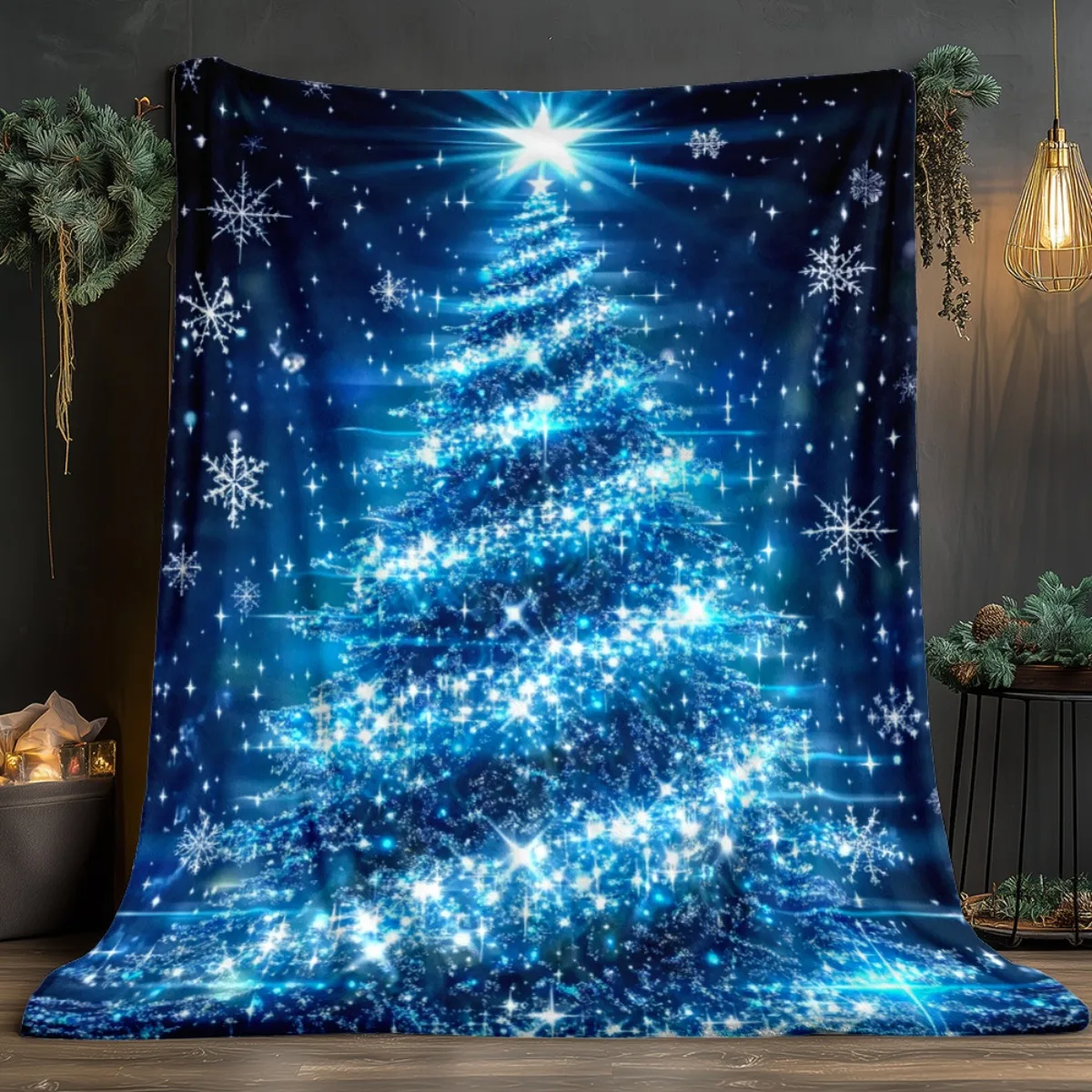 1pc Blue Christmas Tree Blanket Flannel Sparkling Starry Night Snowflake Design Holiday Decor Gift for Winter Season Cozy