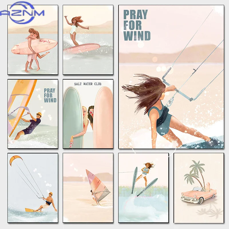 AZNM Minimalism Beach Surfing Boho Posters Pink Beach Summer Coastal Prints Canvas Painting Wall Art Pictures Home Living Room D